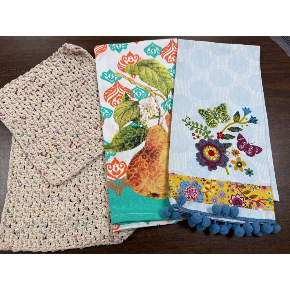 Hand Crocheted Dishcloth Set Boho Kitchen Towels Fruit Butterfly Cottagecore
